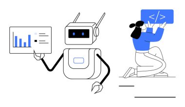 Robot grafikleri ve verileri gösteriyor, programcı ekranda kodluyor. Yapay zeka, veri analizi, programlama, takım çalışması, makine eğitimi, otomasyon, basit iniş sayfası için ideal