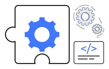 Ekip çalışması, geliştirme, problem çözme ve teknolojiyi vurgulayan bir yapboz parçası, iki ek dişli ve bir kodlama sembolü yerleştirilmiş. Kodlama, yazılım, mühendislik takım çalışması için ideal