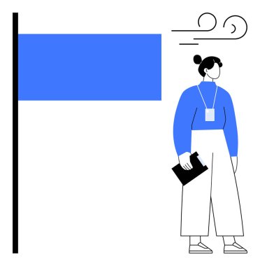 Liderliği, başarıyı, hedefleri ve odaklanmayı vurgulayan büyük bir bayrağın yanında bir pano tutan kişi. Başarı, motivasyon, strateji planlaması, ilerleme hırsı için idealdir. Asgari