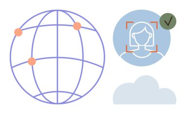 Birden fazla noktalı dünya, işaretli yüz tanıma sistemi ve bulut simgesi. Çevrimiçi güvenlik, yüz doğrulama, bulut hesaplama, küreselleşme, veri transferi, kimlik doğrulama için ideal