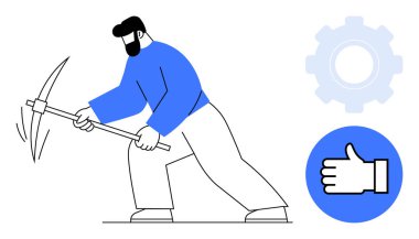 Kazma hareketi yapan, çok çalışan, verimlilik için teçhizat kullanan ve onay için onay veren bir adam. Takım çalışması, çalışma, kararlılık, başarı, çaba, üretkenlik, basit iniş sayfası için ideal