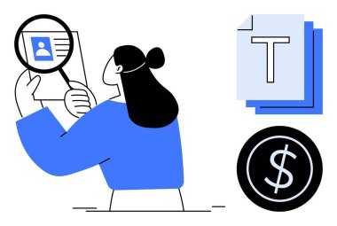 Kadın, profil detaylarını büyüteçle inceliyor. Yakın unsurlar arasında bir yığın yazılı belge ve bir dolar madeni para var. İşe alım, tarama, finans ve insan kaynakları için ideal