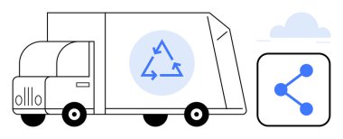 Dairesel ok simgesi, ağ bağlantısı simgesi ve bulut elementi olan geri dönüşüm kamyonu. Sürdürülebilirlik, yeşil teknoloji, çevre, lojistik, geri dönüşüm, atık yönetimi için ideal