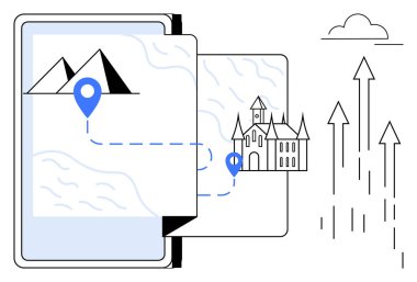 Cihazın üzerindeki harita, bir dağ ve kaleyi noktalı çizgiler üzerinden birbirine bağlıyor. Seyahat ilerlemesini gösteriyor. Artan oklar büyümeyi sembolize eder. Seyahat, seyrüsefer, keşif, turizm, macera için ideal
