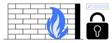 Mavi alev, asma kilit ve güvenlik duvarı, güvenlik, gizlilik, veri koruması, internet güvenliği, siber güvenlik ve hacklemeyi simgeleyen arama çubuğu olan tuğla duvar. Teknoloji sayfaları için ideal ya da basit