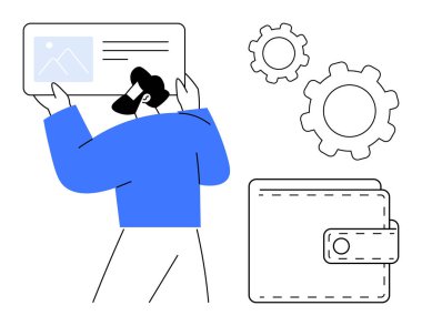 Adam dijital kart arayüzü ile etkileşimde, ayarlar dişliler ve bir cüzdan ikonu ile çevrili. Fintech, teknoloji, uygulama tasarımı, finans, dijital araçlar, kişisel yönetim, basit iniş için ideal