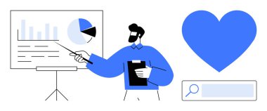 Pasta grafiği çizelgesi ve çubuk grafiği olan bir adam. Geniş kalp sembolü ve arama çubuğu analitik, sevgi ya da kullanıcı sezgileri taşır. Pazarlama, eğitim, UX, sağlık ve veri için ideal