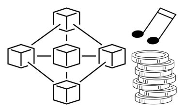 Küpleri birbirine bağlayan blok zinciri diyagramı, finansal değişimi sembolize eden bozuk paralar ve yaratıcı varlıkları tasvir eden notalar. Engelleme zinciri, dijital ekonomi, kripto para birimi ve ademi merkeziyet için ideal