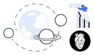 Gezegen, yörüngedeki halkalar, oklar üzerindeki verileri analiz eden araştırmacı ve insan kalbi grafiği. Bilim, büyüme, keşif, yenilik araştırması sağlık konsepti için idealdir. Basit düz metafor