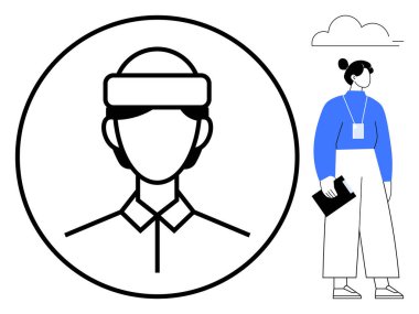 Tek renkli avatar daire içinde, mavi bluzlu kadın klasör ve rozetli. Kimlik, meslek, iletişim, takım çalışması, organizasyon, yaratıcılık modern teknoloji için idealdir. Basit düz metafor