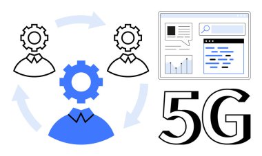 Birbirine bağlı dişliler, dijital gösterge paneli ve 5G ile profesyonellerden oluşan bir ekip, yenilik, bağlantı ve işbirliğini vurguluyor. Teknoloji, iş, iletişim otomasyon verileri için ideal