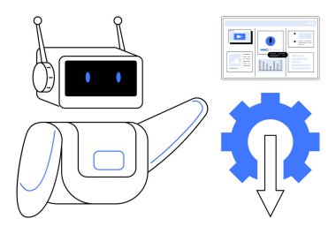 Robot, gösterge panelindeki analizlere otomasyon ve verimliliği temsil eden ekipmanlarla işaret ediyor. Yapay zeka, otomasyon, veri analizi, optimizasyon, yenilik, teknoloji, bilim kurgu için ideal