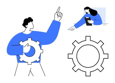 Adam teçhizat tutuyor, kadın tabletle işaret ediyor, büyük vites çizimi. Takım çalışması, proje yönetimi, süreç optimizasyonu, iş akışı, strateji, yenilik için ideal