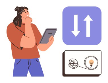 Elinde tablet olan bir kadın, üzerinde kafa yoran kavramlar. Oklar seçenekleri temsil eder ve karmaşık kablolar da berraklığı gösteren bir ampulü. Karar verme, beyin fırtınası, yaratıcılık, yenilik ve öğrenme için ideal