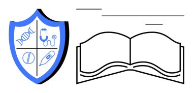 Sağlık, öğrenme ve güvenliği sembolize eden tıbbi ikonlara sahip mavi bir kalkan ve açık bir kitap. Eğitim, sağlık, tıbbi araştırma, önleme, bilgi, rehberlik için ideal basit düz metafor