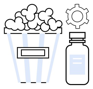 Patlamış mısır kovası, şişe, ve eğlence, yaratıcılık, yenilik, eğlence, boş zaman, atıştırma, film gecesi ve gelişigüzel etkinlikleri sembolize eden vites. Medya teknolojisi markalaşma aperatifleri tasarımı için ideal basit