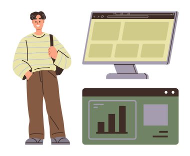 Çizgili kazaklı bir adam bilgisayar monitörü ve veri tablosu arayüzünün yanında duruyor. Konseptler için ideal eğitim, teknoloji, analitik, öğrenim, web tasarımı, araştırma ve kişisel büyüme