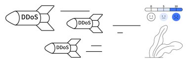 DDoS füzeleri bir sistemi hedef alıyor ve performans ölçeğinde bozulma yaratıyor. Siber güvenlik, ağ tehditleri, bilişim riski, dijital savunma, sistem yükü, siber güvenlik farkındalığı için ideal