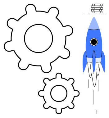 İki farklı boyutta dişli, yukarı doğru mavi bir roket fırlatılıyor ve bir yığın tuğla. Teknoloji, yenilik, takım çalışması, büyüme, strateji, mühendislik, iş ilerlemesi için idealdir. Basit düz