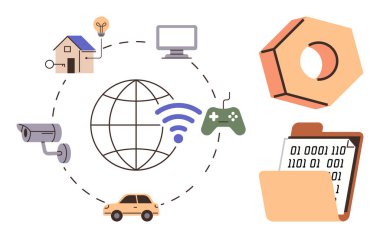 Nesneler, noktalı daire ağ evi, masaüstü, kamera, araba, dünya, oyun kontrolörü üzerinden birbirine bağlı. İOT, teknoloji, bağlantı otomasyonu akıllı evler dijital veri paylaşımı için idealdir
