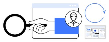 Tarayıcı sekmesi, profil simgesi, döngüsel ok ve gösterge tablosu üzerinde büyüteç. Araştırma, analitik, kullanıcı deneyimi, süreç optimizasyonu, veri görselleştirme için ideal basit düz
