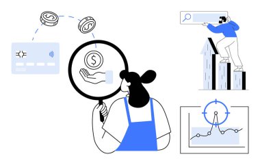 Finansal verileri incelemek için büyüteç kullanan kadın dijital ödeme kartı, grafik çizelgeleri ve erkek arama hedeflerinin yanında. Finans, analiz, iş büyümesi, araştırma ve dijital ekonomi için ideal