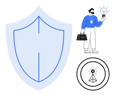 Kalkan taşıma koruması, yeniliği simgeleyen ampul tutan kişi ve içgörü için bir göz sembolü. Güvenlik, yaratıcılık, strateji, iş dünyası, yenilik vizyonu için idealdir. Basit.