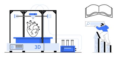 3D yazıcı insan kalbi yapıyor, arama çubuğunu merdiven kullanarak analiz eden adam, açık kitap simgesi. Yenilik, sağlık, teknoloji, eğitim, keşif, gelecek kavramları için ideal modern çözümler