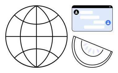 Küre sembolü, avatarlarla sohbet arayüzü ve soyut yarı çember yenilik, ağ oluşturma ve küresel bağlantı için birleşir. İletişim, teknoloji, yaratıcılık ve minimalizm için ideal