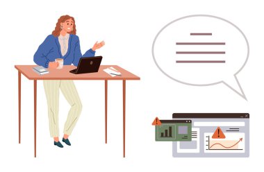 Kadın profesyonel dizüstü bilgisayar, kahve ve dosyalarla masasında duruyor. Dosyalardaki veri hatalarını araştırıyor. İş sorunları, analiz, iletişim, sorun çözme, sorun çözme, bilişim sektörü için ideal