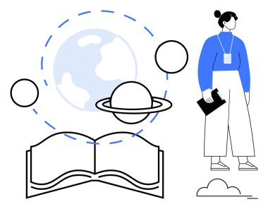 Gezegenlerin ve Dünya 'nın olduğu açık bir kitap, pano tutan bir kadın, soyut çizgiler ve bulutlar. Eğitim, bilim, araştırma, öğrenme, keşif, yaratıcılık minimalizmi için ideal basit düz metafor