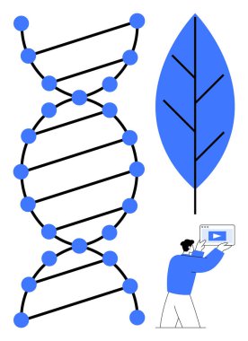 Genetik, biyolojik çeşitlilik, eğitim, sürdürülebilirlik, bilim, sağlık ve teknolojiyi vurgulayan veri ekranını kullanan DNA sarmalı, stilize yaprak ve bilim adamı. Yenilikçi bilim blogları için ideal