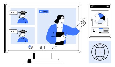Öğretmen online oturum sırasında iki mezun rehberlik ediyor, canlı arayüz grafikler, profiller ve küresel erişim içeriyor. Eğitim için ideal, webinarlar, uzaktan eğitim, e-öğrenme, bağlantı rehberliği