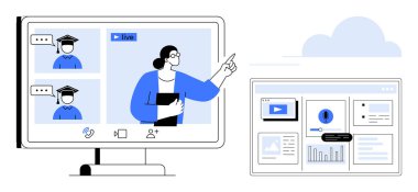 Öğretmen iki öğrenciyle canlı sanal ders sunuyor. İnteraktif yayın arayüzü ve analizi var. E- öğrenim, uzak çalışma, işbirliği, eğitim ve sunum için ideal