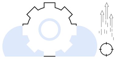 Bulutların tepesindeki teçhizat bulut hesaplamasını, yukarı doğru eğilimleri ya da ilerlemeyi temsil eden okları ve hedefleri ya da kesinliği simgeliyor. Yenilik, büyüme, üretkenlik ve bulut hizmetleri için ideal