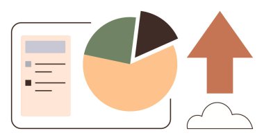 Parçalı pasta tablosu ve bitişik doküman penceresi, yukarı doğru ok bulutu işaret ediyor. Veri analizi, büyüme, strateji, performans, eğilimler, bulut hesaplama, basit düz metafor