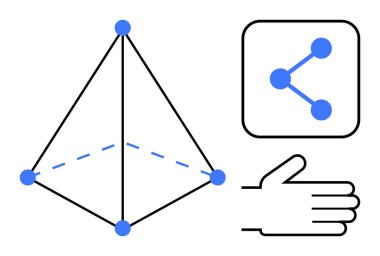 Geometrik piramit ve bağlantı, işbirliği ve etkileşimi sembolize eden genişletilmiş bir elin yanında paylaşım simgesi. Takım çalışması, ağ, yenilik, sosyal medya, iletişim, veri paylaşımı için ideal