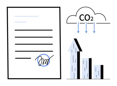 İmzalı belge, karbondioksit bulutu emisyonları ve yükselen bar tablosu. Sürdürülebilirlik girişimleri, çevre politikası, karbon yönetimi, çevre dostu büyüme, yeşil sözleşmeler için ideal