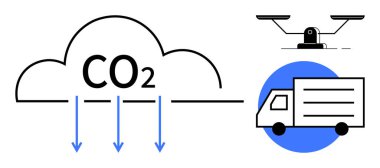 Aşağı doğru oklu karbondioksit bulutu emisyon azaltma kamyonunu ve uçan dron da yeşil lojistiği simgeler. Sürdürülebilirlik, karbon ayak izi, yenilik, ulaşım, eko-bilinç için ideal