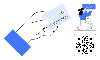 El ele tutuşan kredi kartı, tarama için QR kodu ve kodlama arayüzü üzerinde çalışan geliştirici. Fintech, dijital ödeme, çevrimiçi alışveriş, teknoloji, programlama, güvenlik sade iniş sayfası için ideal