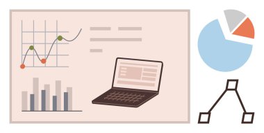 Çubuk grafiği, çizgi grafiği, pasta grafiği ve veri analizini, finansal planlamayı, proje yönetimini, pazar araştırmasını, iş sezgilerini, verimlilik takibini temsil eden akış şemasını içeren dizüstü bilgisayar.