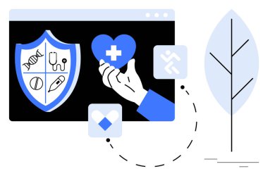 DNA 'lı kalkan, steteskop ve dijital bir arayüzde kalp simgesini tutan elin yanında haplar. Sağlık, sağlık, zindelik, ilaç, sağlık sigortası sanal konsültasyon için ideal. Basit düz
