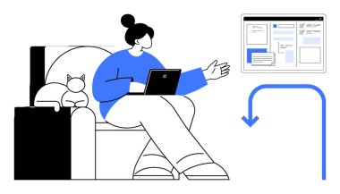 Dinlenen kedinin yanında dizüstü bilgisayarı olan bir kadın, dijital torpido gözüyle etkileşimde bulunuyor. Evden çalışmak için ideal, teknoloji, iletişim, minimalizm, üretkenlik, rahatlama, basit düz metafor