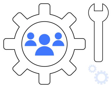 Vites ve ingiliz anahtarı mekanik, bakım, takım çalışması ve geliştirmeyi temsil eder. Merkez mavi simgeler işbirliğini sembolize eder. Takım çalışması, işbirliği, verimlilik, yenilik sistemi onarımı için ideal