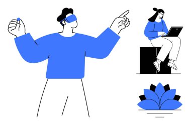 Sanal gerçeklik teçhizatıyla uğraşan kişi, soyut lotus motifinin yanında dizüstü bilgisayarda çalışan kişi. Yenilik, teknoloji, iş hayatı dengesi, üretkenlik, yaratıcılık, farkındalık için ideal