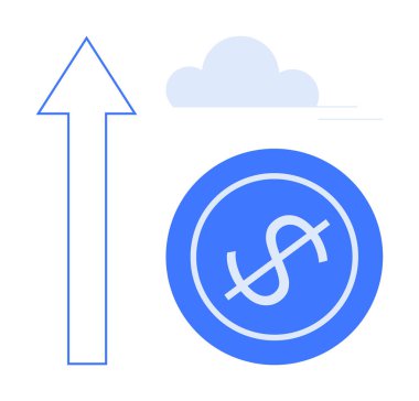 Arkasında bulut olan mavi bir madeni paranın yanındaki yukarı doğru ok. Finans, büyüme, başarı, yatırımlar, ekonomik eğilimler, iş karları ve yükselen eğilimler için ideal. Basit bir düz metafor.