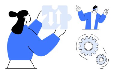 Elinde oklarla yapboz parçası tutan bir kadın, tartışmayı yönlendiren bir adam, dönen mekanik dişliler. Takım çalışması, organizasyon, strateji, yenilik, beyin fırtınası, üretkenlik için idealdir.