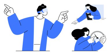 VR kullanan, verileri analiz eden ve ölçümleri yapan bir grup insan. Teknolojik yenilik, takım çalışması, karar verme, işbirliği, verimlilik, iş stratejisi, basit iniş için ideal