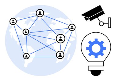 Küresel harita, güvenlik kamerası ve donanımlı ampul üzerinde insan simgeleri. Küresel bağlantı, teknoloji, yenilik, güvenlik, takım çalışması iletişimi ve gelişimi için idealdir. Basit.