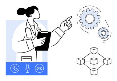 Tıbbi profesyonel tutuş panosu, birbirine bağlı dişlilere ve ağ diyagramına bakıyor. Teletıp, sağlık, yenilik, teknoloji, iletişim, iş akışı optimizasyonu için ideal